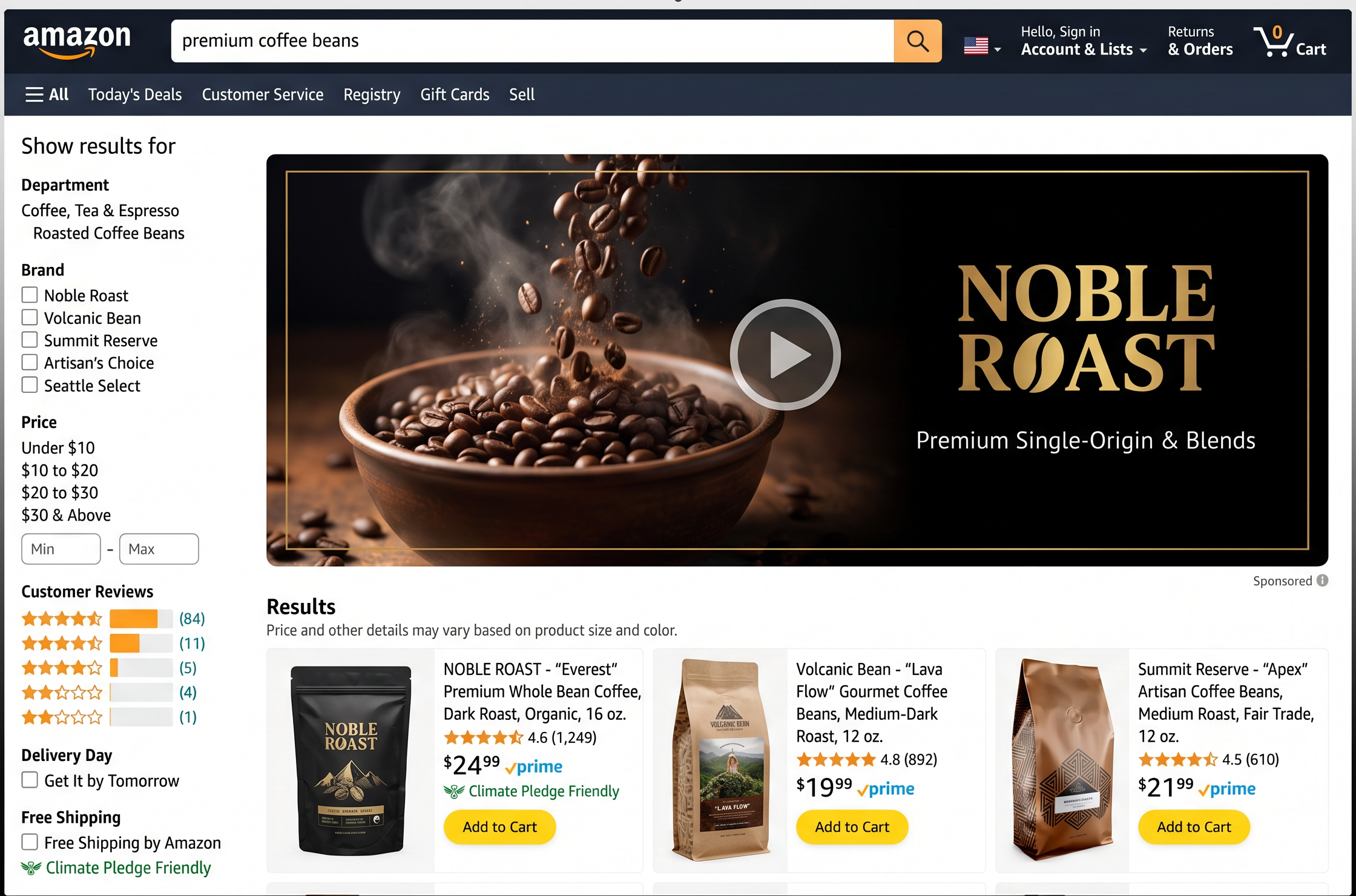 Amazon Sponsored Brand Video ad placement in search results for premium coffee beans, showing how video creative appears to shoppers