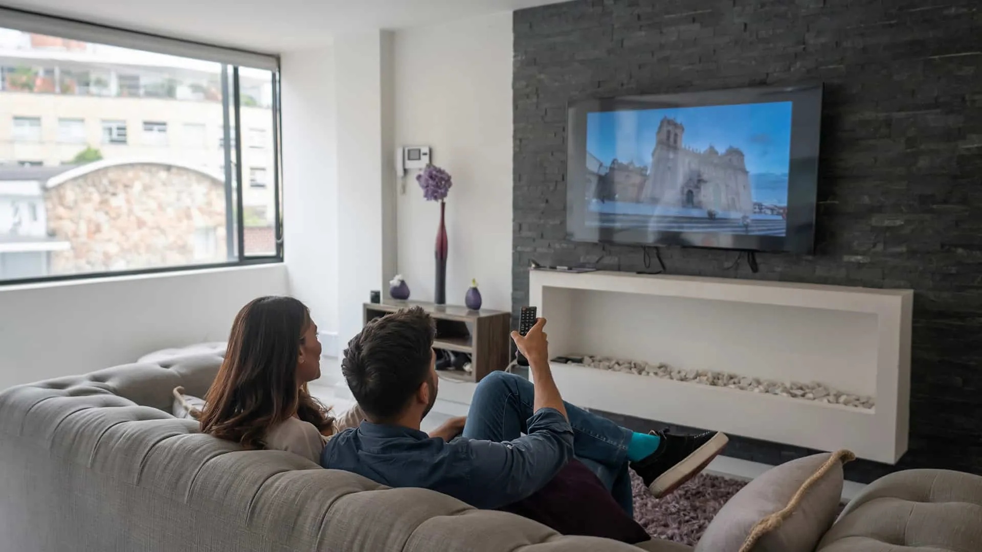 Premium living room with smart TV displaying streaming content for Prime Video advertising